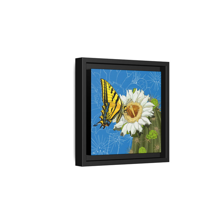 Arizona State Flower + Insect: Saguaro Cactus Blossom + Two-tailed Swallowtail Butterfly — Framed Canvas Print Wall Art