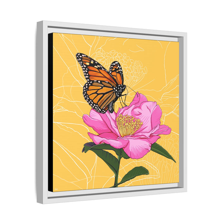 Alabama State Flower + Insect: Monarch Butterfly on Pink Camellia — Framed Canvas Print Wall Art