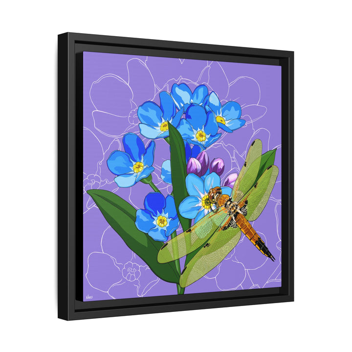 Alaska State Flower + Insect: Forget Me Not + Four-spot Skimmer Dragonfly — Framed Canvas Print Wall Art