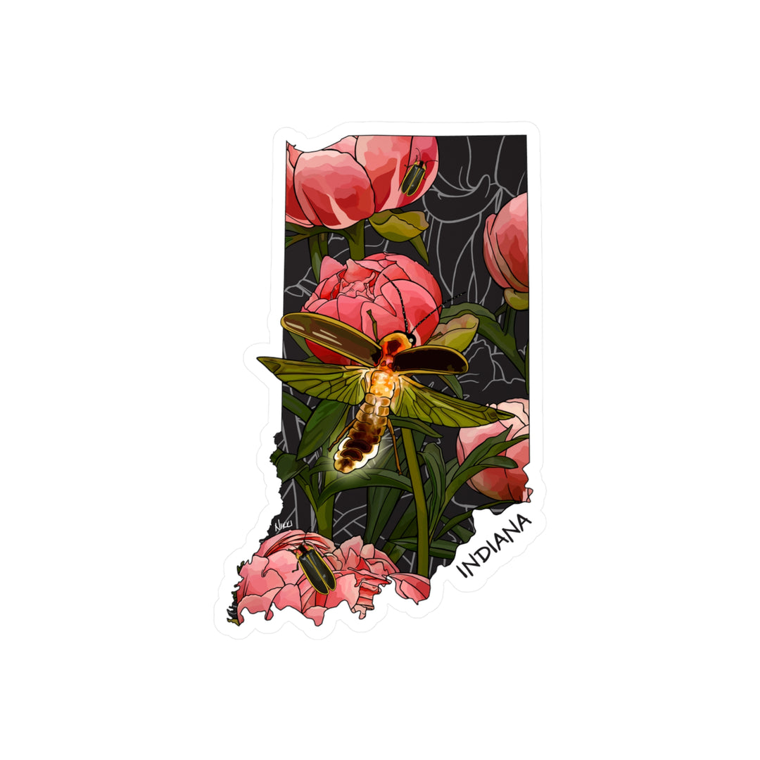 Indiana State Flower + Insect Sticker — Peonies + Fireflies — Kiss-Cut State Decal
