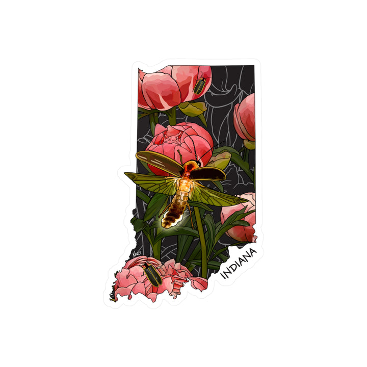 Indiana State Flower + Insect Sticker — Peonies + Fireflies — Kiss-Cut State Decal