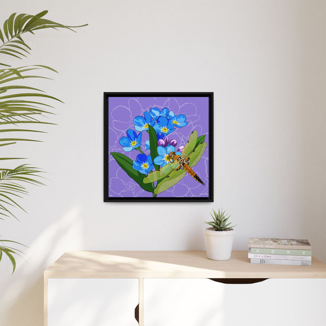 Alaska State Flower + Insect: Forget Me Not + Four-spot Skimmer Dragonfly — Framed Canvas Print Wall Art