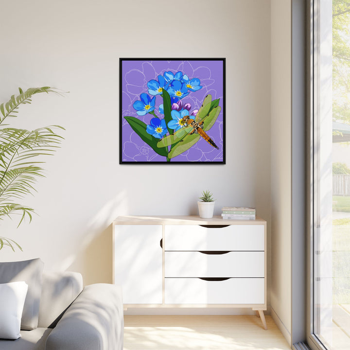 Alaska State Flower + Insect: Forget Me Not + Four-spot Skimmer Dragonfly — Framed Canvas Print Wall Art