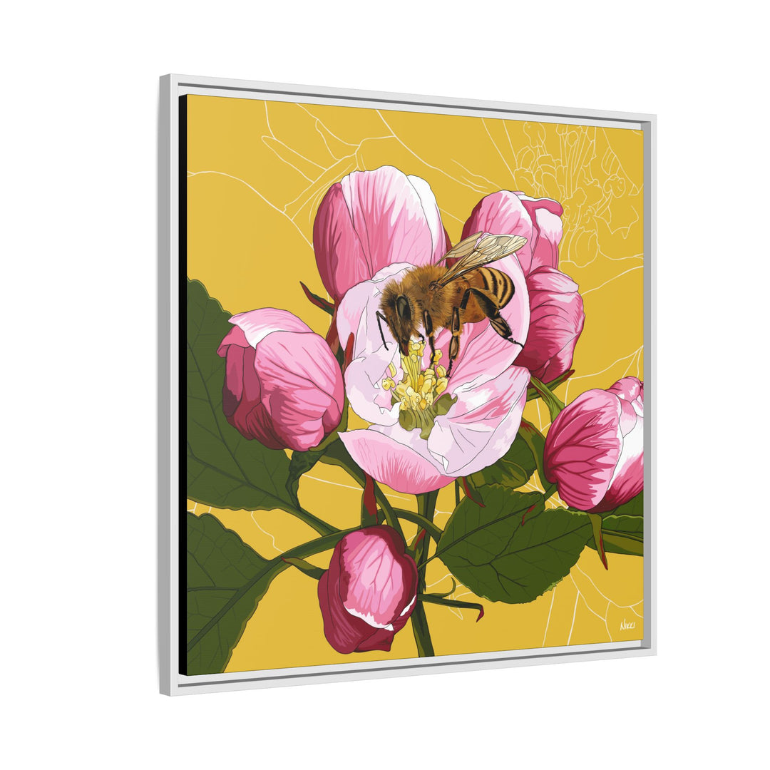 Apple Blossom & Honeybee Framed Canvas — Arkansas State Flower Wall Art