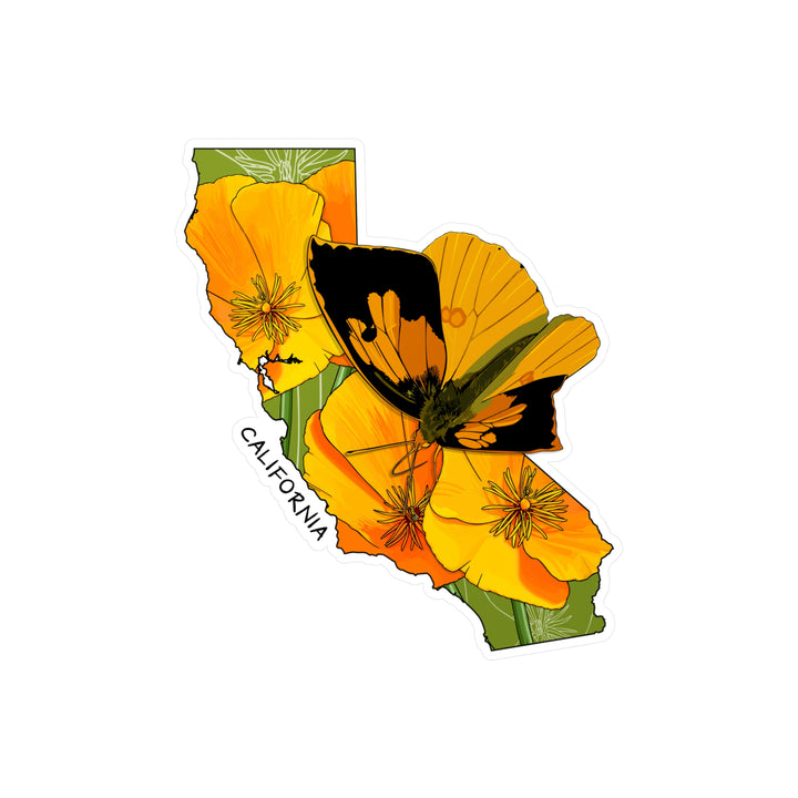 California State Flower + Insect Sticker — California Poppy  + California Dogface Butterfly — Kiss-Cut Vinyl Decal