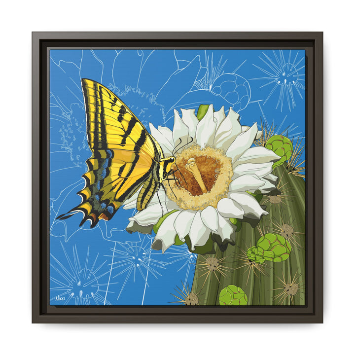 Arizona State Flower + Insect: Saguaro Cactus Blossom + Two-tailed Swallowtail Butterfly — Framed Canvas Print Wall Art
