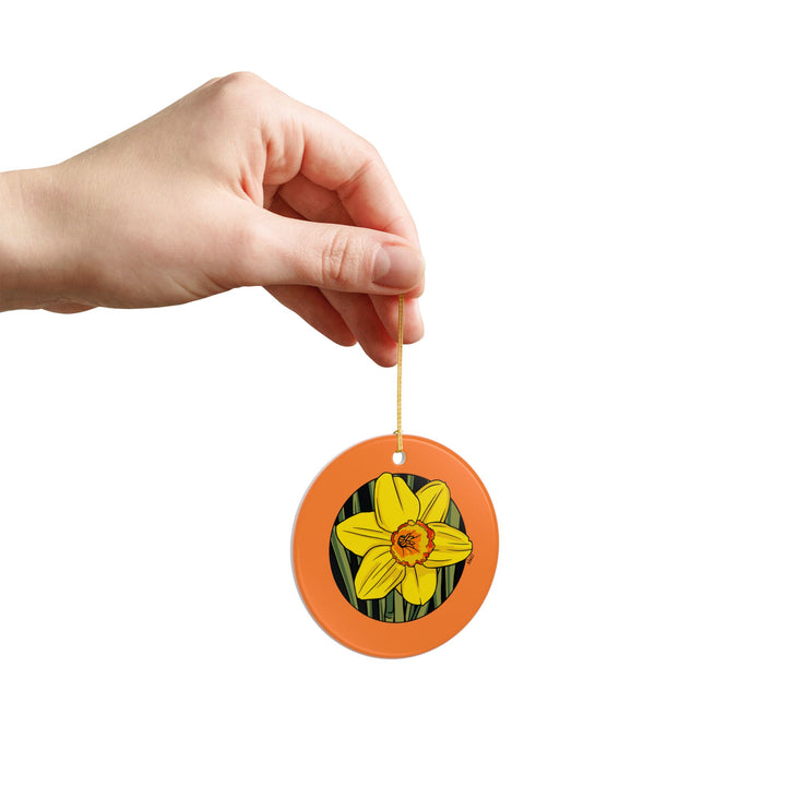 Yellow Daffodil Ceramic Ornament — Double-Sided Floral Holiday Decor