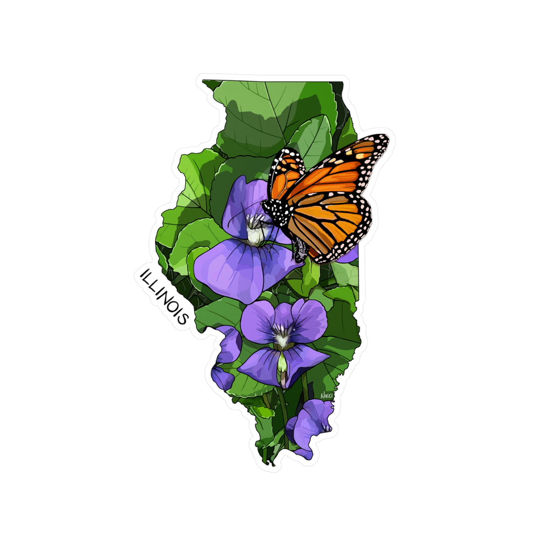 Illinois State Flower + Insect Sticker — Violets + Monarch Butterfly — Kiss-Cut Vinyl Decal