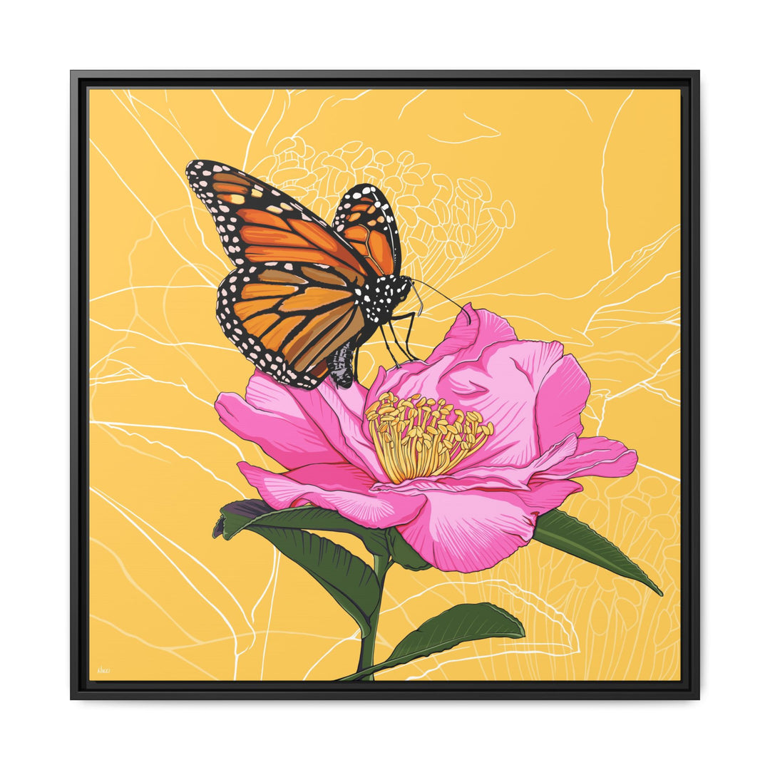 Alabama State Flower + Insect: Monarch Butterfly on Pink Camellia — Framed Canvas Print Wall Art