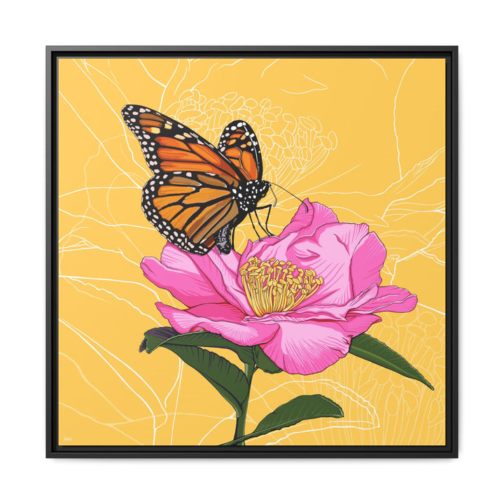 Alabama State Flower + Insect: Monarch Butterfly on Pink Camellia — Framed Canvas Print Wall Art
