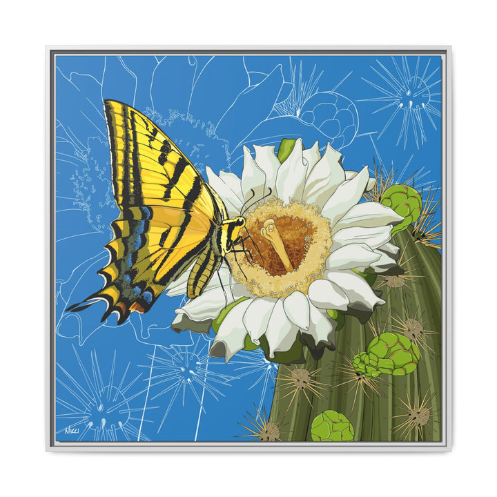 Arizona State Flower + Insect: Saguaro Cactus Blossom + Two-tailed Swallowtail Butterfly — Framed Canvas Print Wall Art