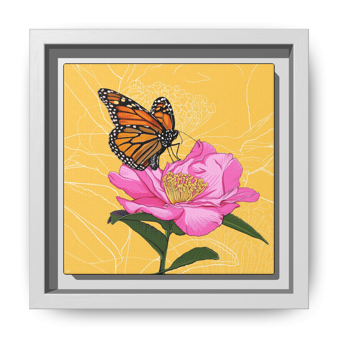 Alabama State Flower + Insect: Monarch Butterfly on Pink Camellia — Framed Canvas Print Wall Art