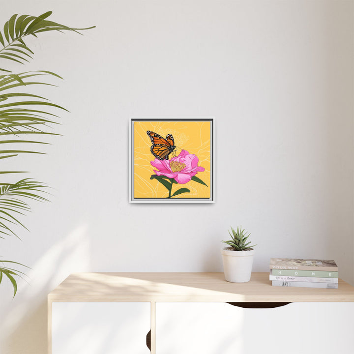 Alabama State Flower + Insect: Monarch Butterfly on Pink Camellia — Framed Canvas Print Wall Art