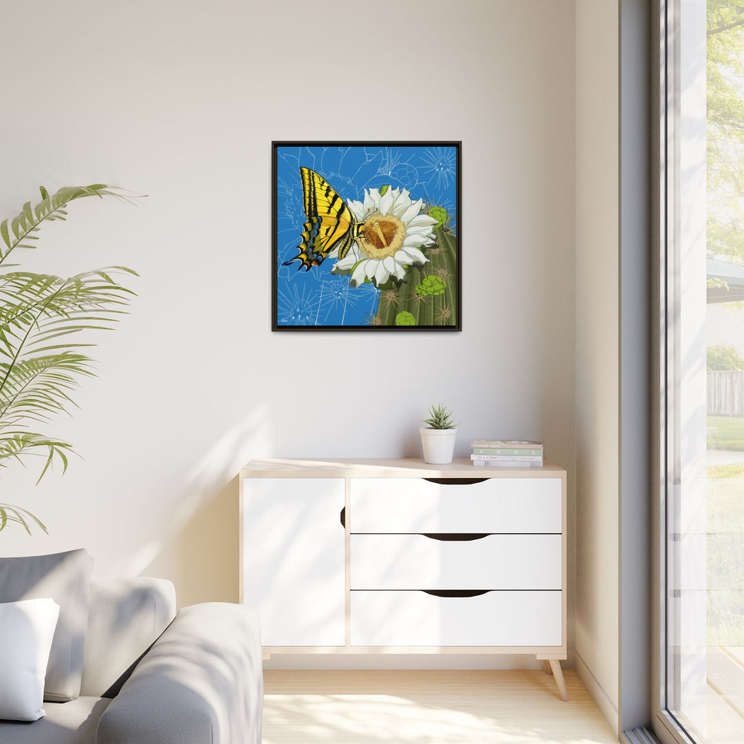 Arizona State Flower + Insect: Saguaro Cactus Blossom + Two-tailed Swallowtail Butterfly — Framed Canvas Print Wall Art
