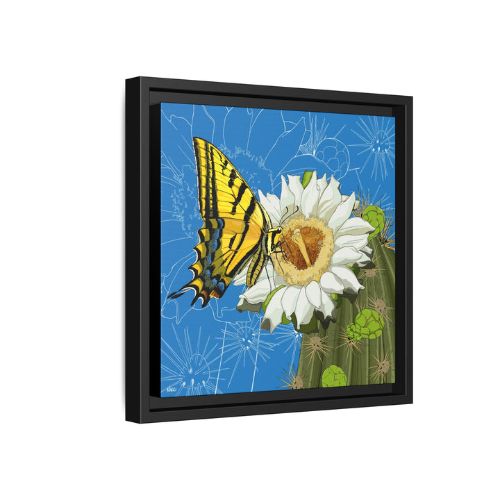 Arizona State Flower + Insect: Saguaro Cactus Blossom + Two-tailed Swallowtail Butterfly — Framed Canvas Print Wall Art