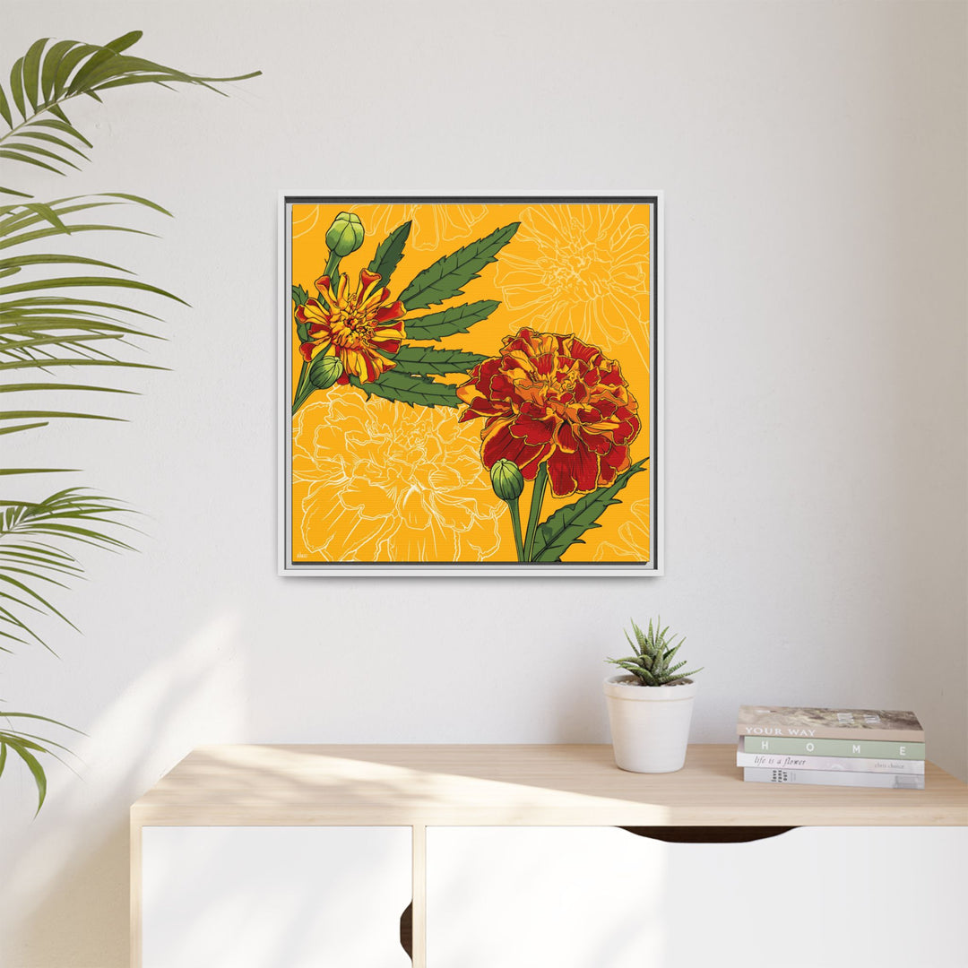 Marigold: October Birth Month Flower — Framed Canvas Print Wall Art