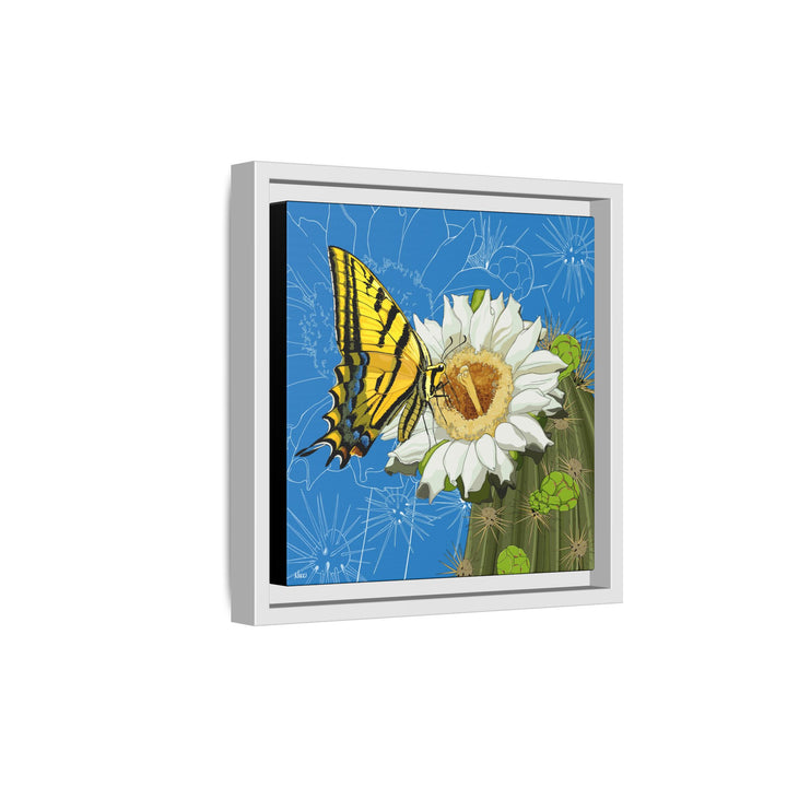 Arizona State Flower + Insect: Saguaro Cactus Blossom + Two-tailed Swallowtail Butterfly — Framed Canvas Print Wall Art
