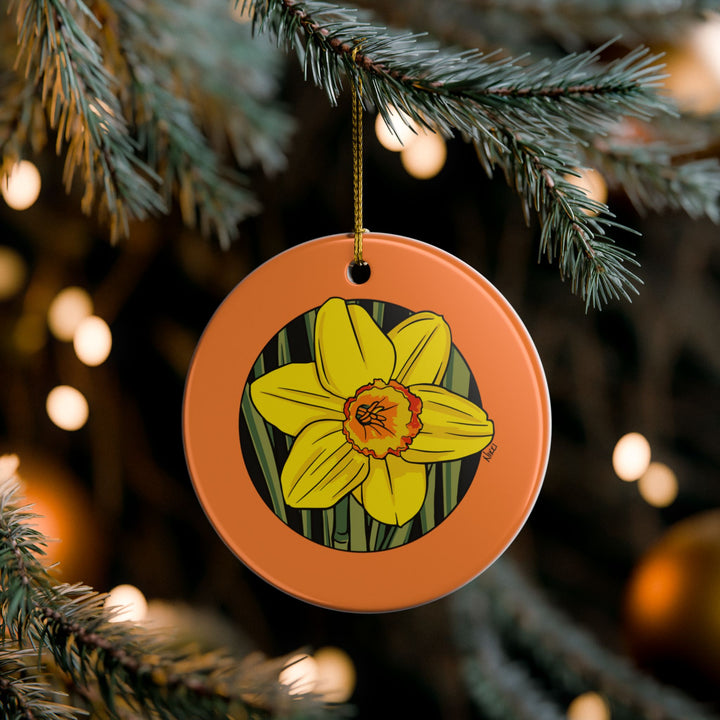 Yellow Daffodil Ceramic Ornament — Double-Sided Floral Holiday Decor