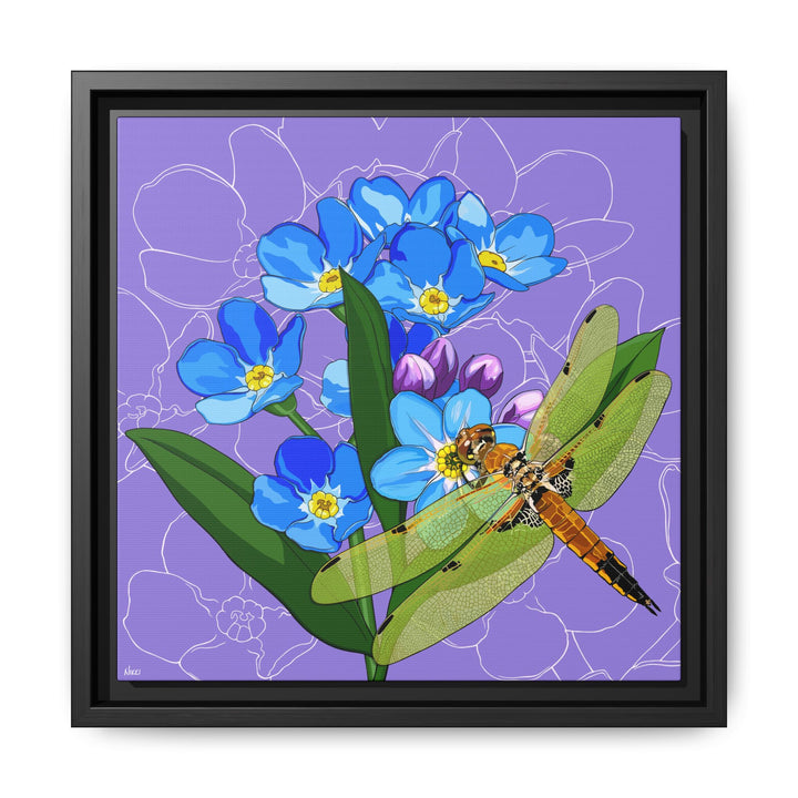Alaska State Flower + Insect: Forget Me Not + Four-spot Skimmer Dragonfly — Framed Canvas Print Wall Art