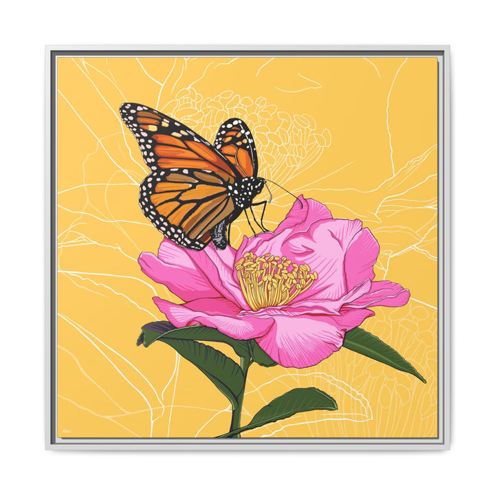 Alabama State Flower + Insect: Monarch Butterfly on Pink Camellia — Framed Canvas Print Wall Art