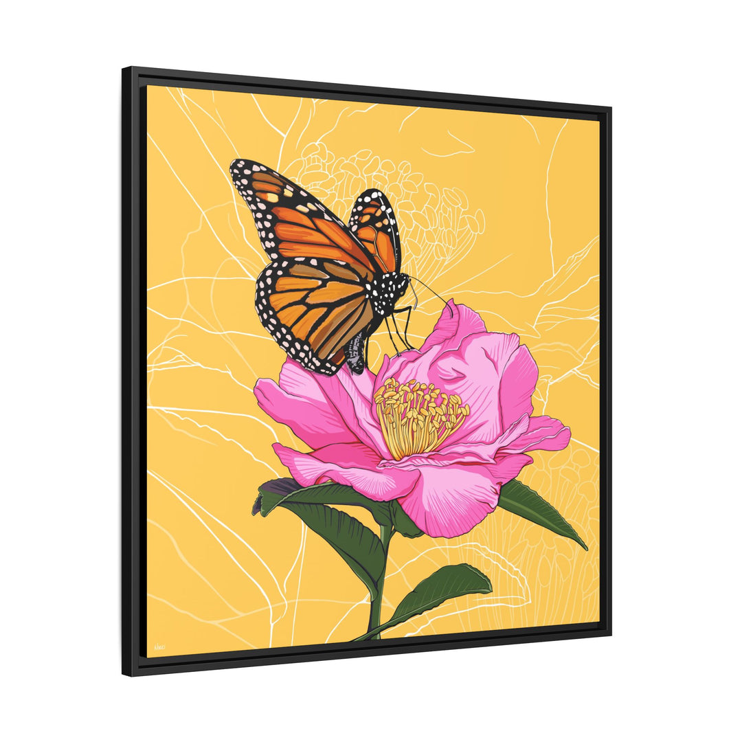 Alabama State Flower + Insect: Monarch Butterfly on Pink Camellia — Framed Canvas Print Wall Art