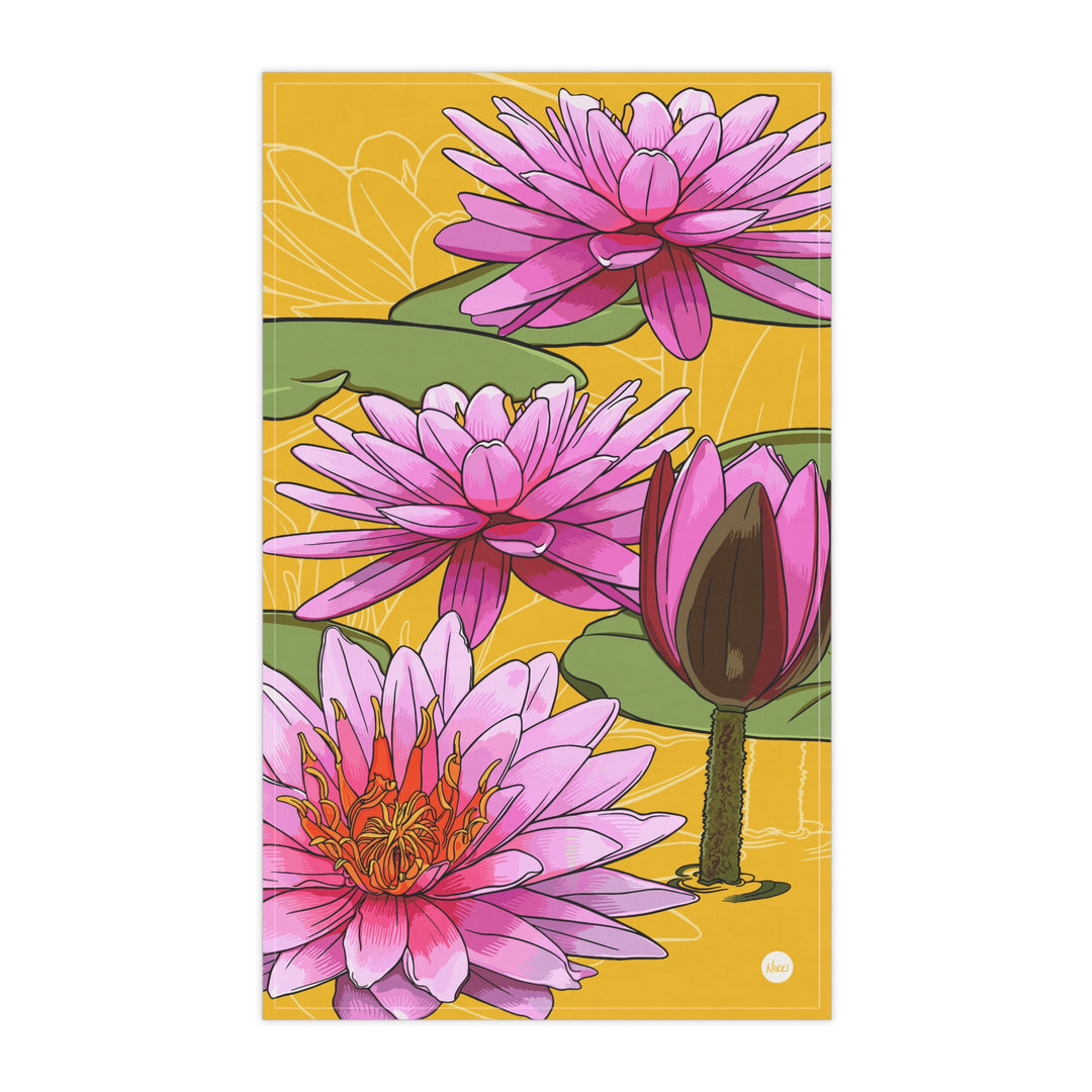 Pink Waterlilies Cotton Tea Towel — July Birth Month Flower Kitchen Towel