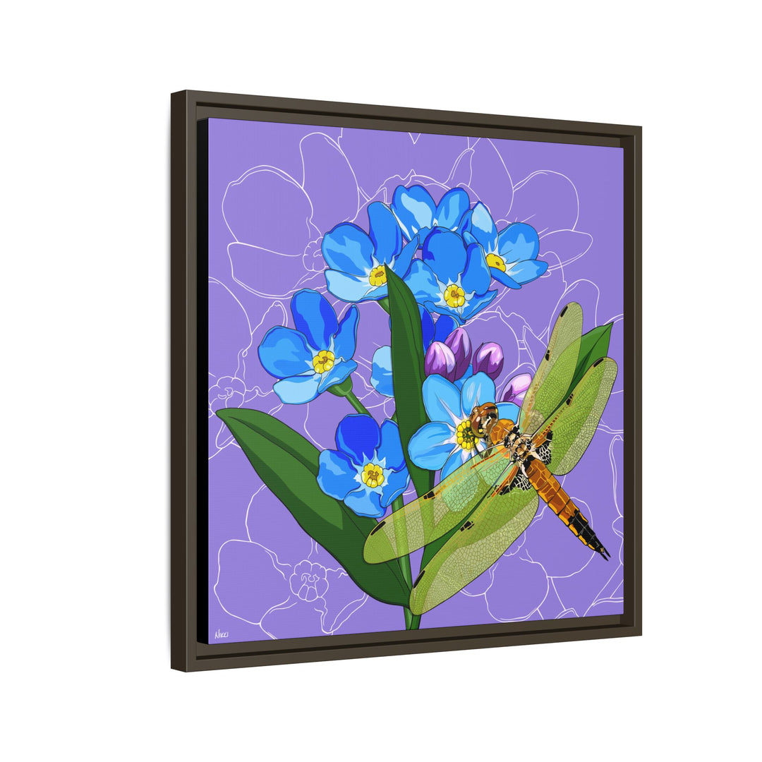 Alaska State Flower + Insect: Forget Me Not + Four-spot Skimmer Dragonfly — Framed Canvas Print Wall Art