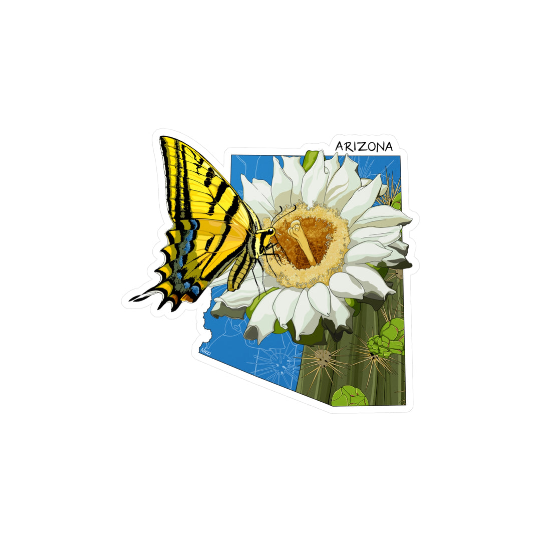 Arizona State Flowers + Insects Sticker — Saguaro Cactus Blossom + Two-tailed Swallowtail Butterfly  — Kiss-Cut Vinyl Decal