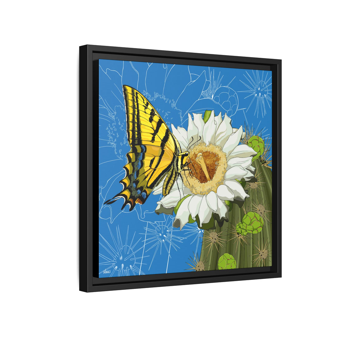 Arizona State Flower + Insect: Saguaro Cactus Blossom + Two-tailed Swallowtail Butterfly — Framed Canvas Print Wall Art