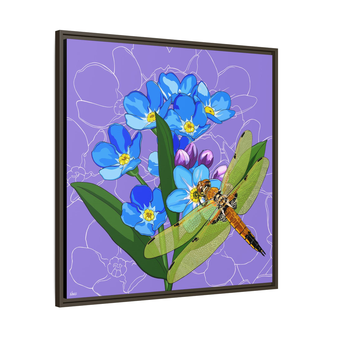 Alaska State Flower + Insect: Forget Me Not + Four-spot Skimmer Dragonfly — Framed Canvas Print Wall Art
