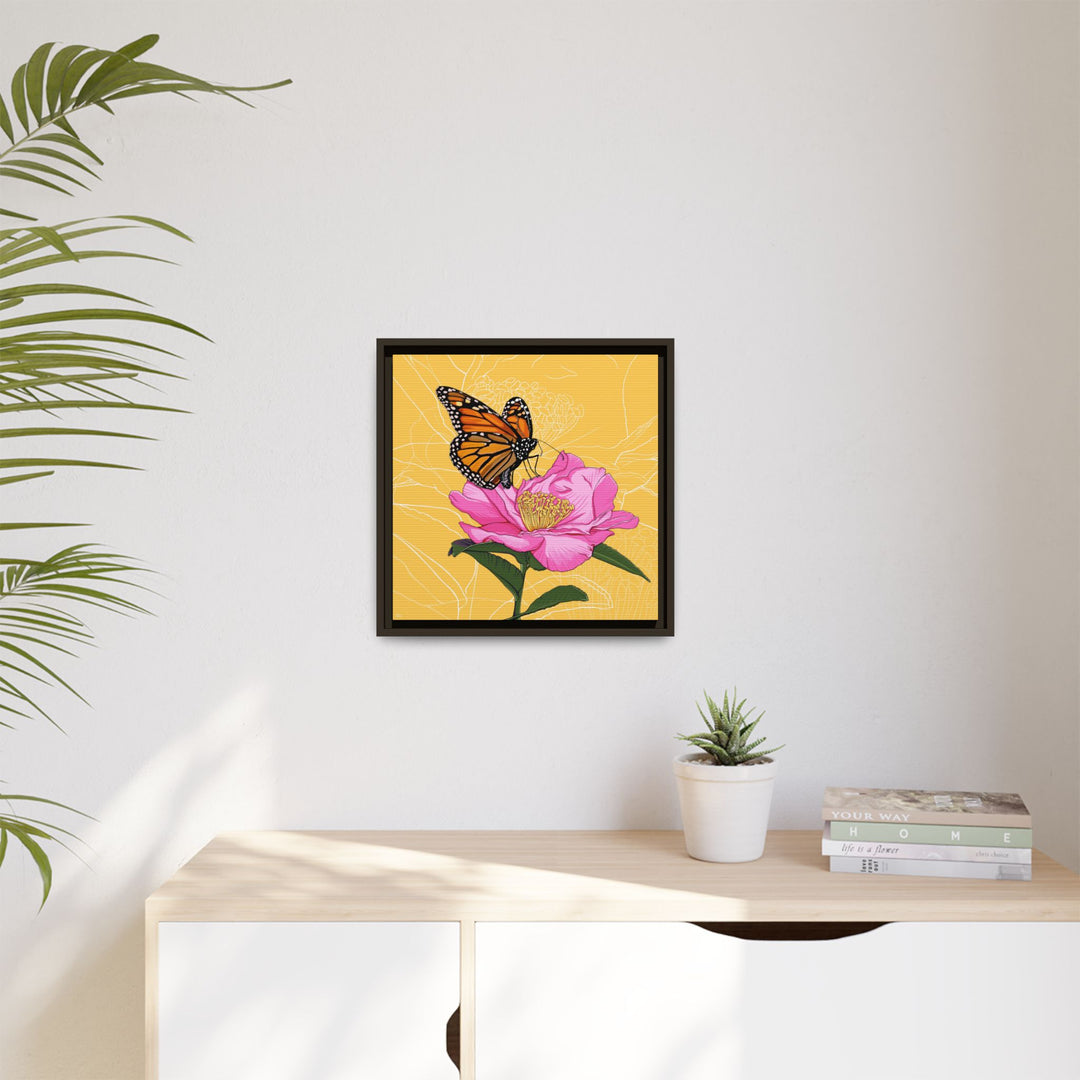 Alabama State Flower + Insect: Monarch Butterfly on Pink Camellia — Framed Canvas Print Wall Art