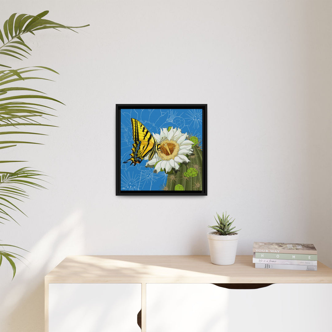 Arizona State Flower + Insect: Saguaro Cactus Blossom + Two-tailed Swallowtail Butterfly — Framed Canvas Print Wall Art