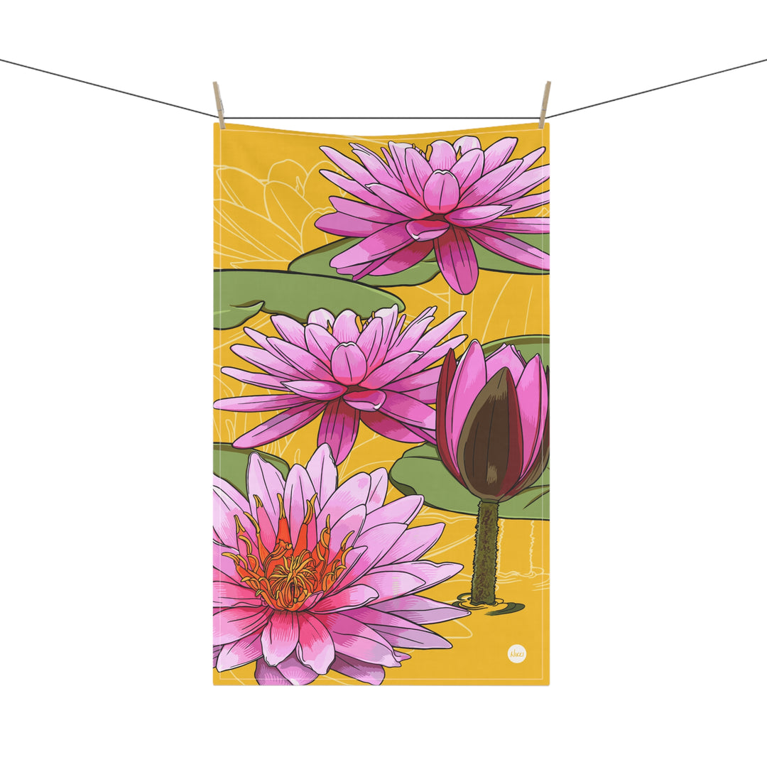 Pink Waterlilies Cotton Tea Towel — July Birth Month Flower Kitchen Towel