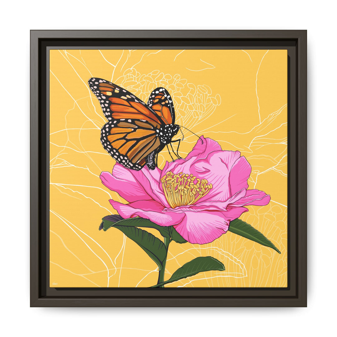 Alabama State Flower + Insect: Monarch Butterfly on Pink Camellia — Framed Canvas Print Wall Art