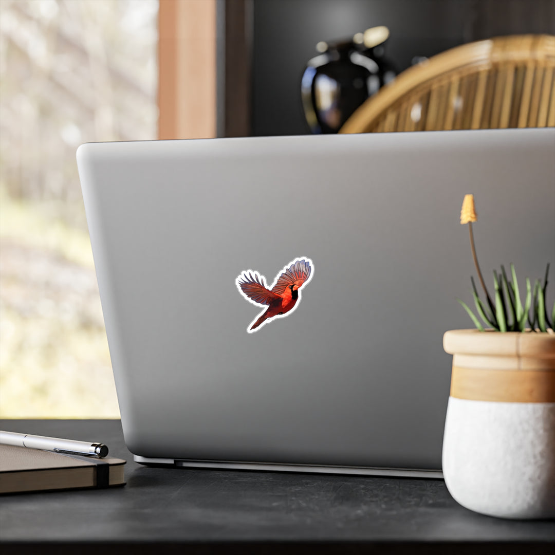 Flying Cardinal Vinyl Sticker — Kiss-Cut Red Bird Decal for Laptops, Windows & Water Bottles
