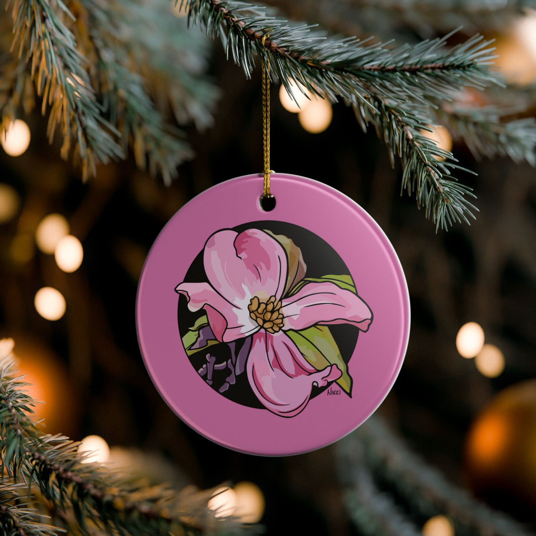 Pink Dogwood Ceramic Ornament — Double-Sided Floral Holiday Decor