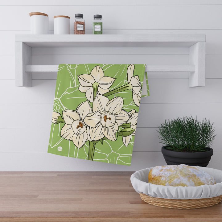 Paperwhite Floral Tea Towel — December Birth Month Flower Kitchen Towel