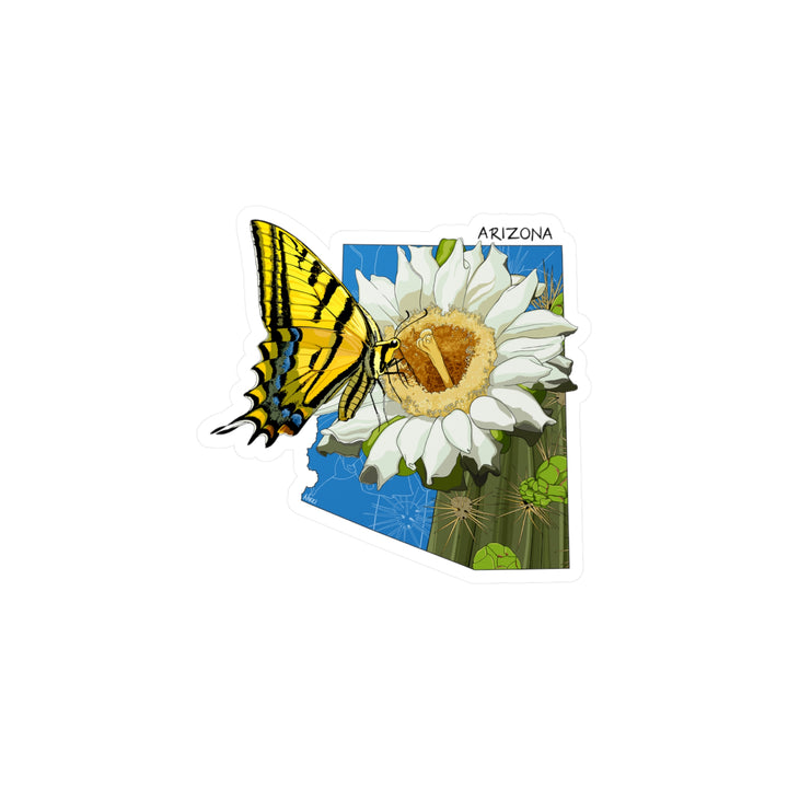 Arizona State Flowers + Insects Sticker — Saguaro Cactus Blossom + Two-tailed Swallowtail Butterfly  — Kiss-Cut Vinyl Decal