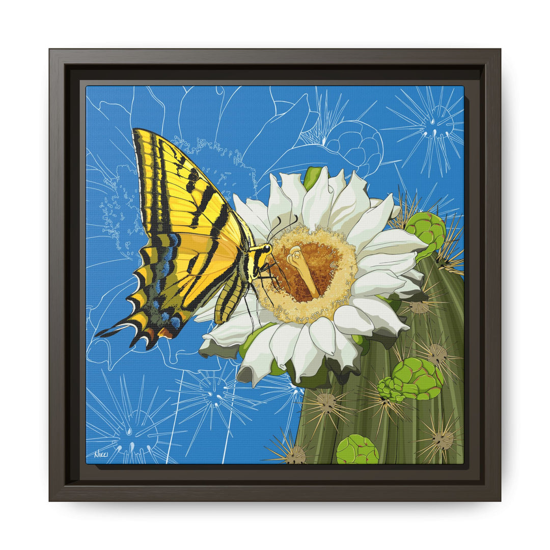 Arizona State Flower + Insect: Saguaro Cactus Blossom + Two-tailed Swallowtail Butterfly — Framed Canvas Print Wall Art