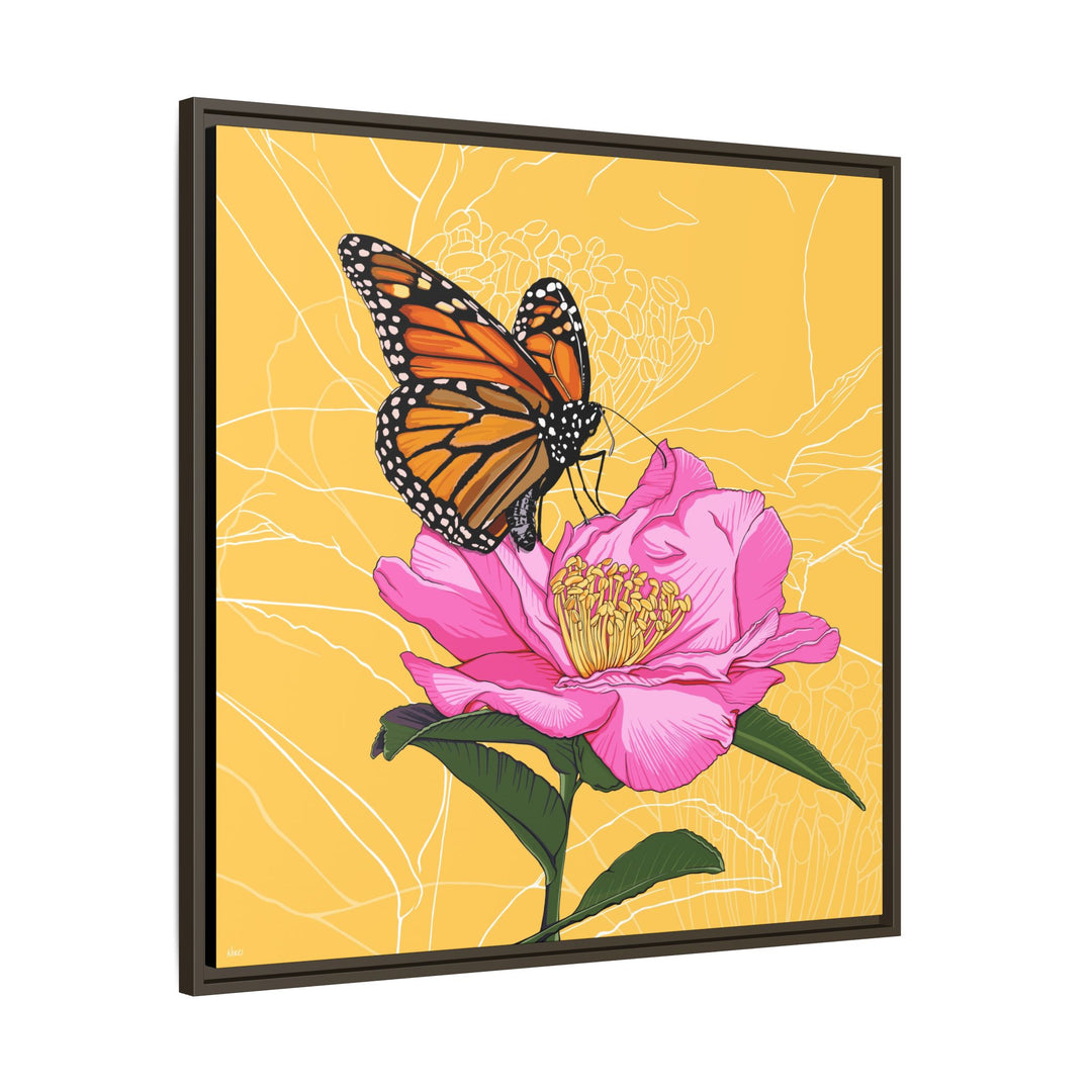 Alabama State Flower + Insect: Monarch Butterfly on Pink Camellia — Framed Canvas Print Wall Art