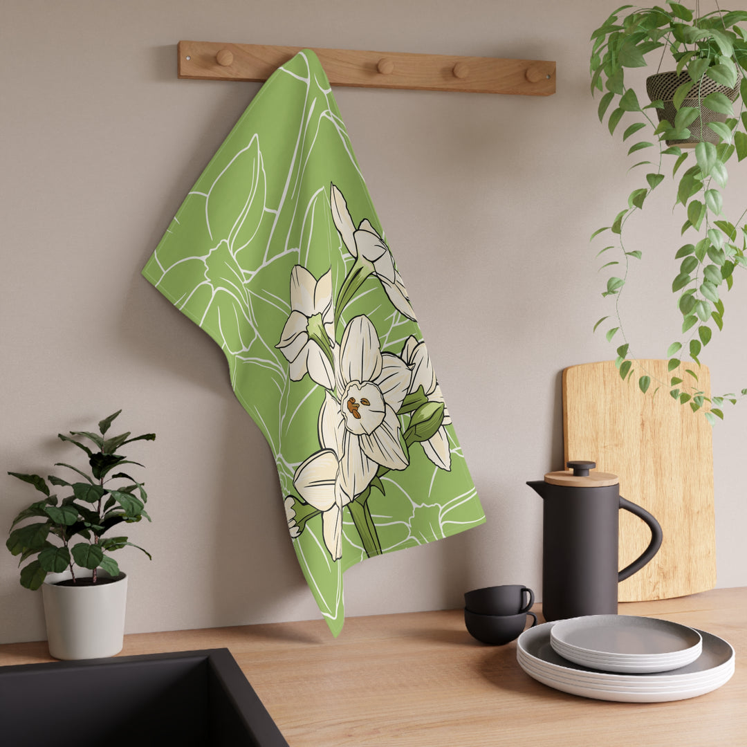 Paperwhite Floral Tea Towel — December Birth Month Flower Kitchen Towel