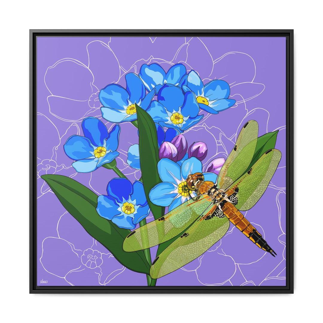 Alaska State Flower + Insect: Forget Me Not + Four-spot Skimmer Dragonfly — Framed Canvas Print Wall Art