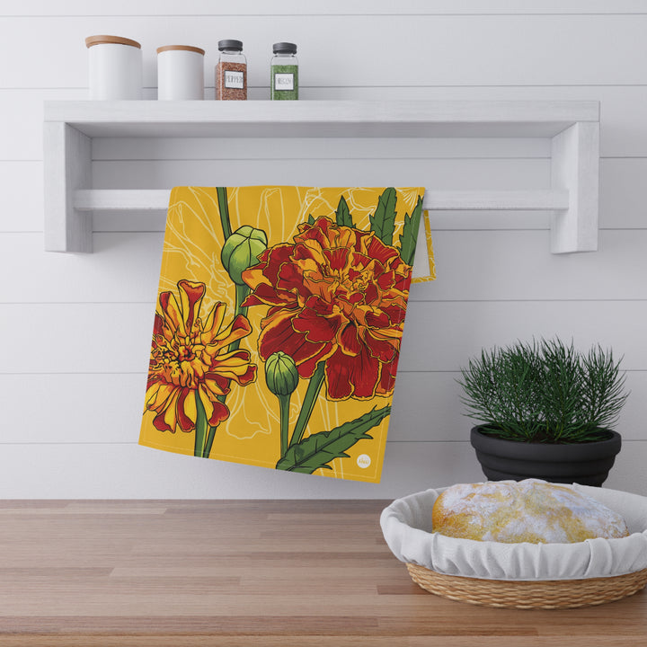 Marigold Cotton Tea Towel — October Birth Month Flower Kitchen Towel