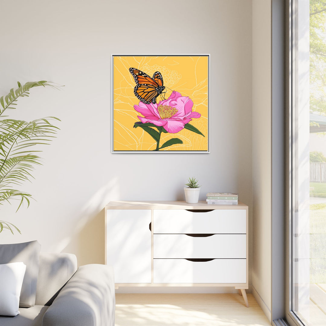 Alabama State Flower + Insect: Monarch Butterfly on Pink Camellia — Framed Canvas Print Wall Art
