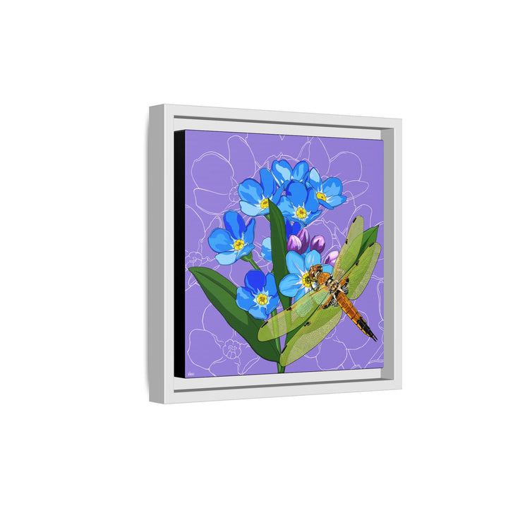 Alaska State Flower + Insect: Forget Me Not + Four-spot Skimmer Dragonfly — Framed Canvas Print Wall Art