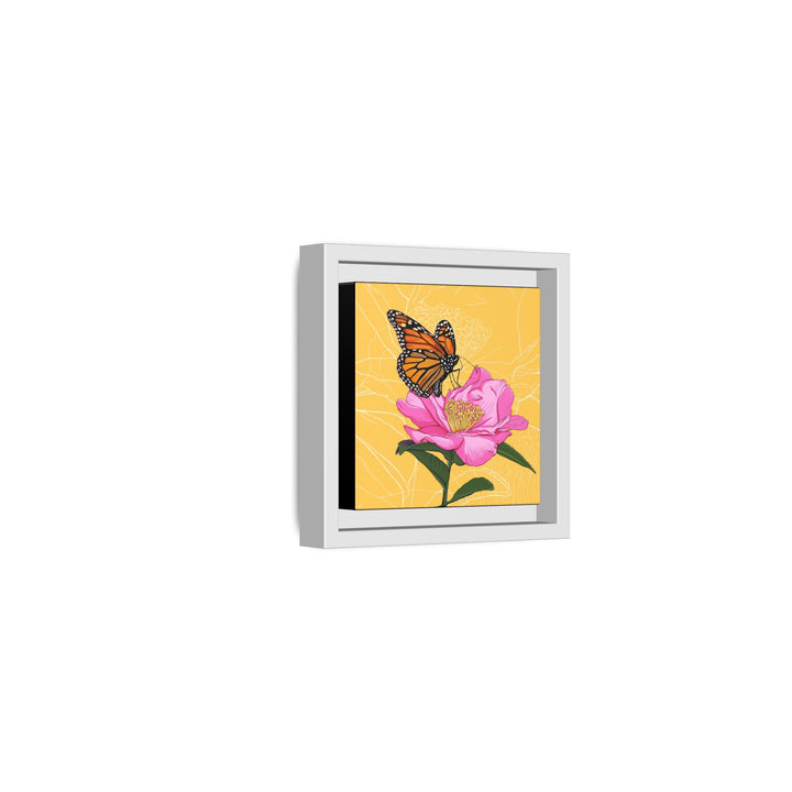 Alabama State Flower + Insect: Monarch Butterfly on Pink Camellia — Framed Canvas Print Wall Art