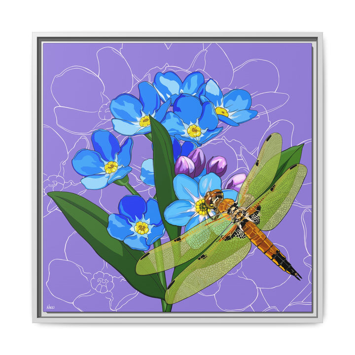 Alaska State Flower + Insect: Forget Me Not + Four-spot Skimmer Dragonfly — Framed Canvas Print Wall Art