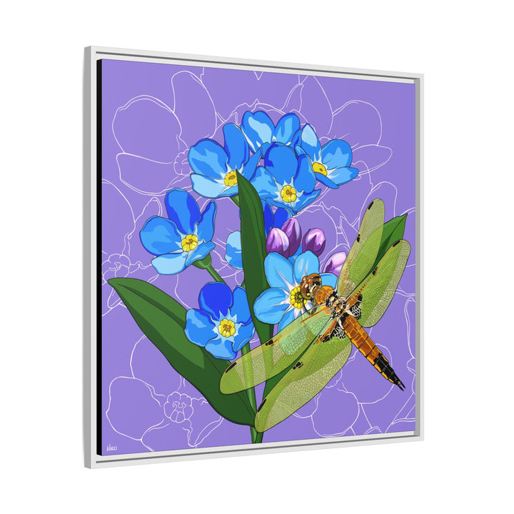 Alaska State Flower + Insect: Forget Me Not + Four-spot Skimmer Dragonfly — Framed Canvas Print Wall Art