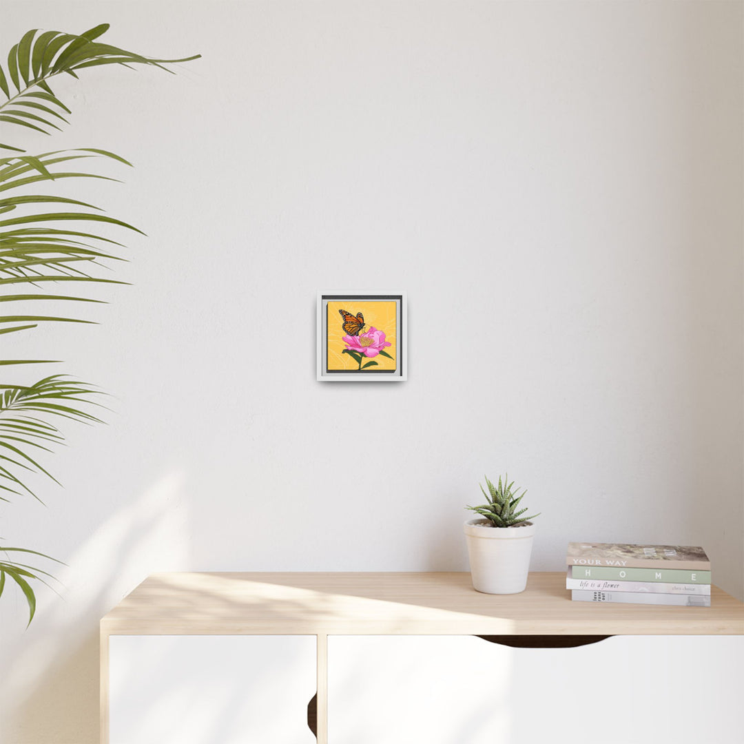 Alabama State Flower + Insect: Monarch Butterfly on Pink Camellia — Framed Canvas Print Wall Art