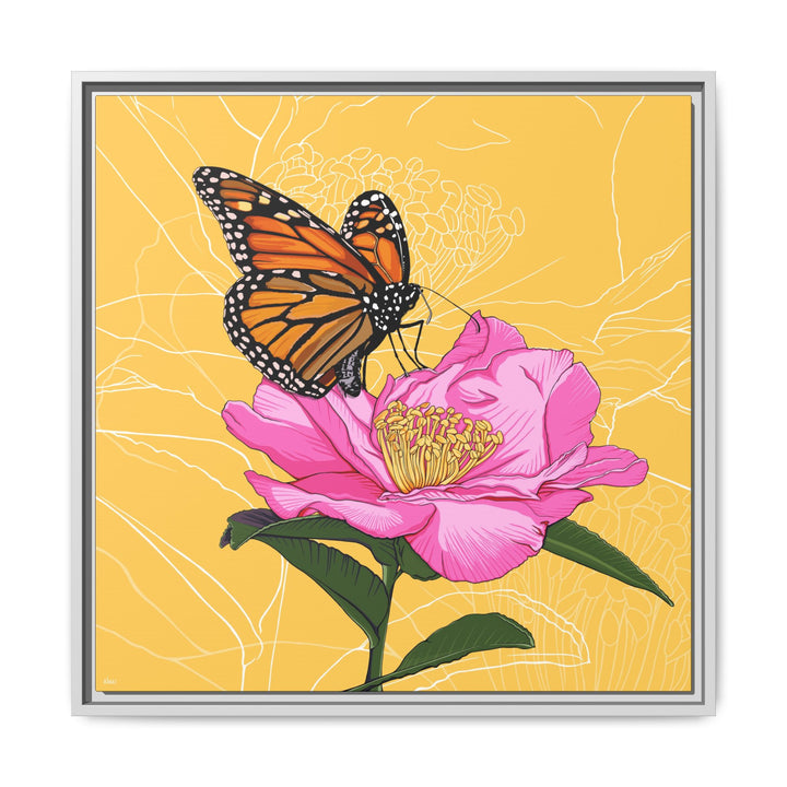 Alabama State Flower + Insect: Monarch Butterfly on Pink Camellia — Framed Canvas Print Wall Art